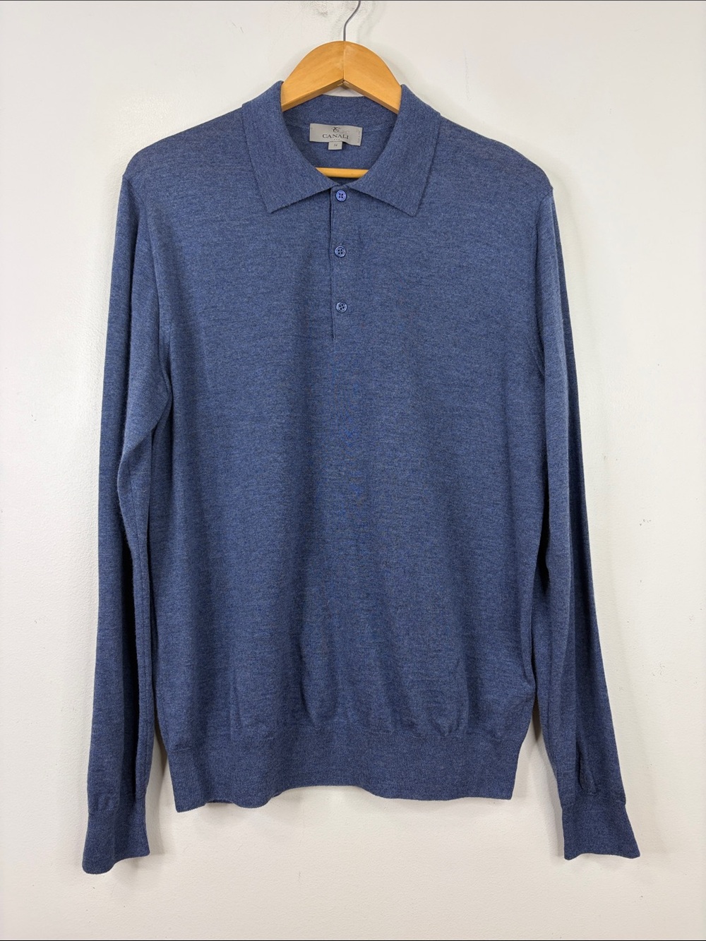 Canali Sweater Mens 54 XL Denim Blue Merino Wool Knit Long Sleeve Polo Shirt